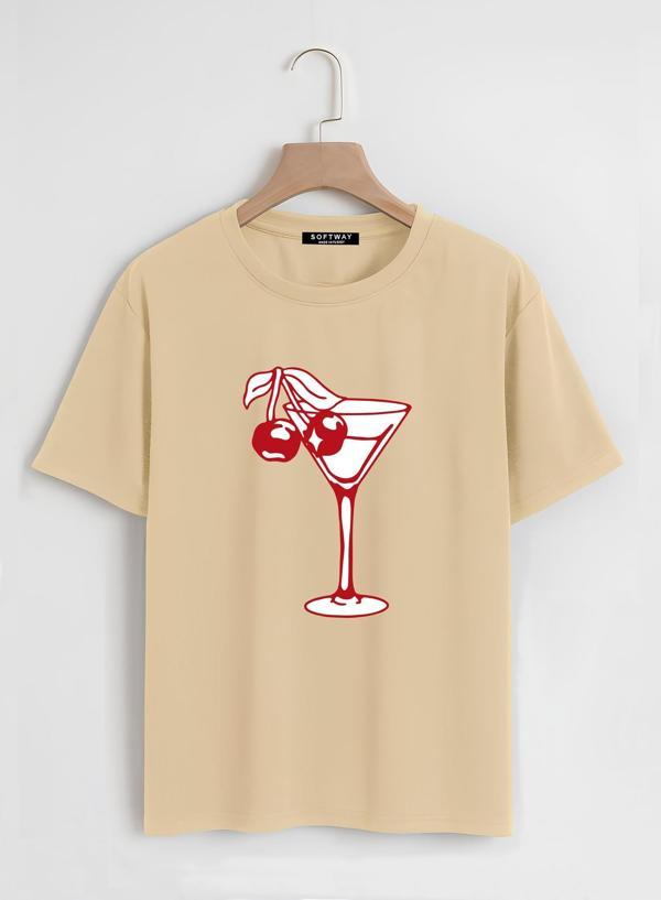 Unisex Oversize Bisiklet Yaka Cherry Cocktail Baskılı Basic T-Shirt - BEJ - Image 1