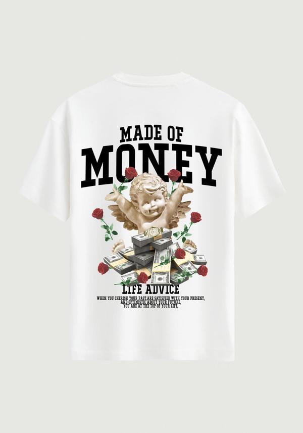 Unisex Bisiklet Yaka %100 Organik Pamuklu Kalın Dokulu Made Of Money Baskılı Oversize T-shirt - BEYAZ - Image 1