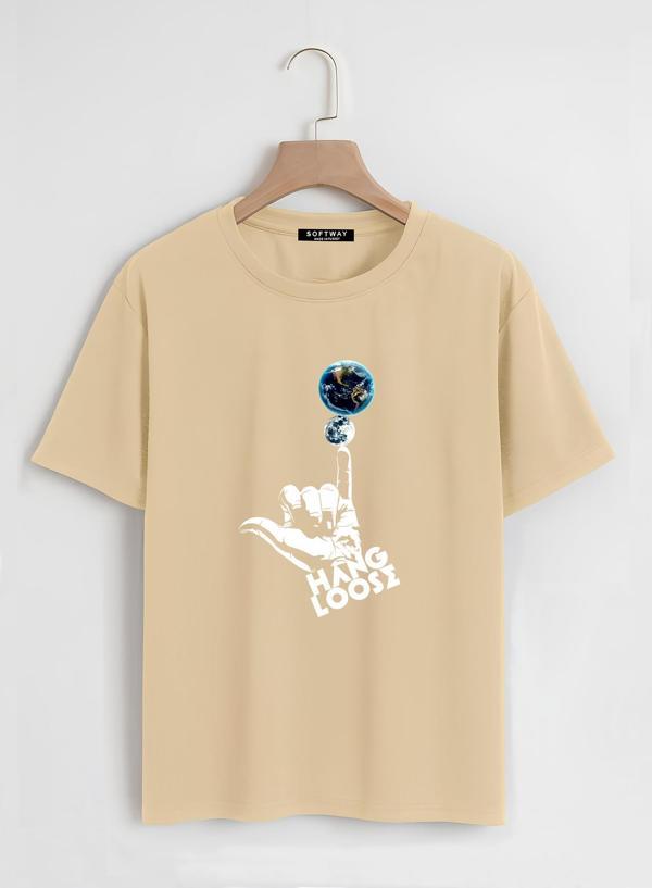 Unisex Oversize Bisiklet Yaka Hang Loose Baskılı Basic T-Shirt - BEJ - Image 1