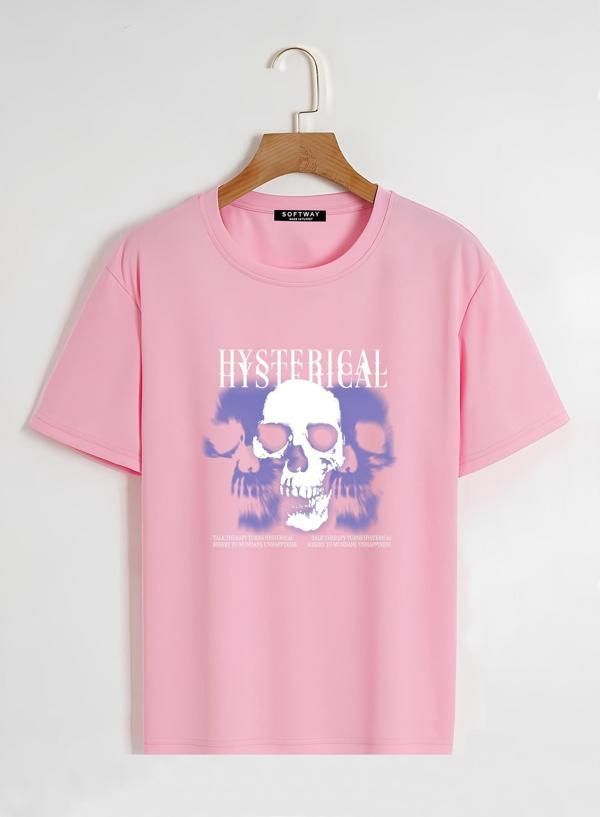 Unisex Oversize Bisiklet Yaka Hysterigal Baskılı Basic T-Shirt - PEMBE - Image 1