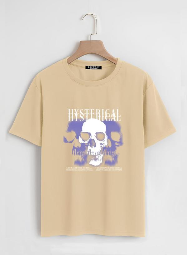 Unisex Oversize Bisiklet Yaka Hysterigal Baskılı Basic T-Shirt - BEJ - Image 1