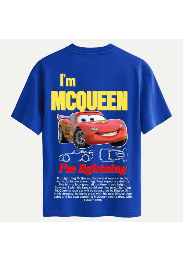 Unisex Bisiklet Yaka %100 Organik Pamuklu Kalın Dokulu McQueen Baskılı Oversize T-shirt - SAKS MAVİSİ - Image 1