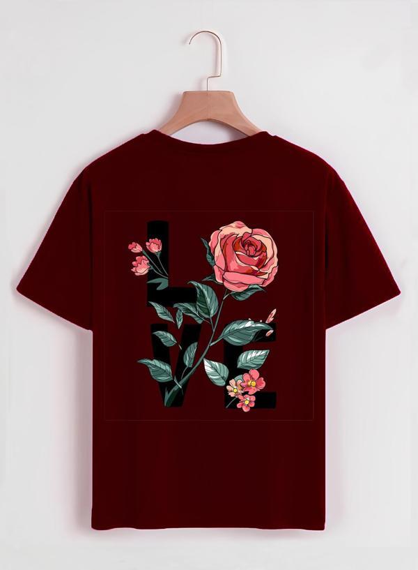 Unisex Oversize Bisiklet Yaka Rose Love Baskılı Basic T-Shirt - BORDO - Image 1