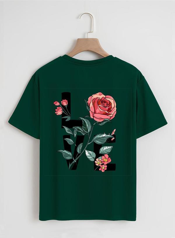 Unisex Oversize Bisiklet Yaka Rose Love Baskılı Basic T-Shirt - KOYU YEŞİL - Image 1