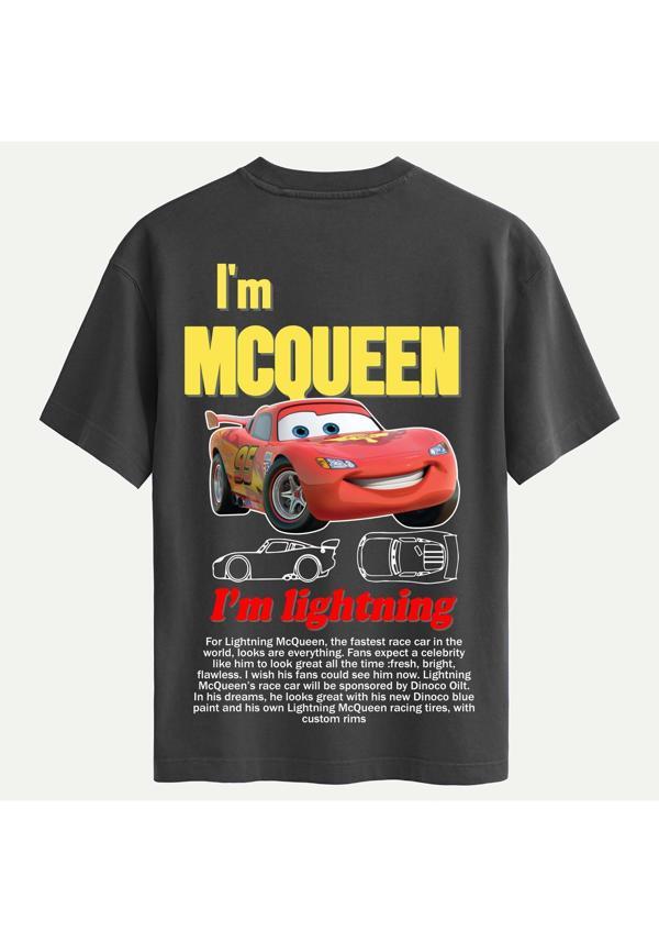 Unisex Bisiklet Yaka %100 Organik Pamuklu Kalın Dokulu McQueen Baskılı Oversize T-shirt - FÜME - Image 1