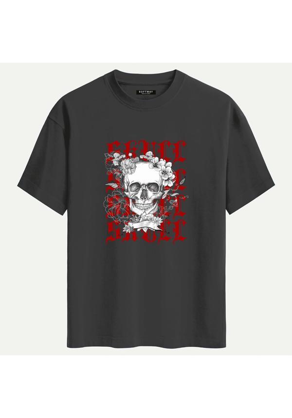 Unisex Bisiklet Yaka %100 Organik Pamuklu Kalın Dokulu Skull Baskılı Oversize T-shirt - FÜME - Image 1