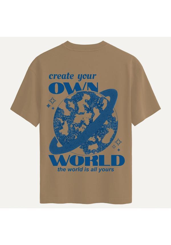 Unisex Bisiklet Yaka %100 Organik Pamuklu Kalın Dokulu Own World Baskılı Oversize T-shirt - AÇIK KAHVERENGİ - Image 1