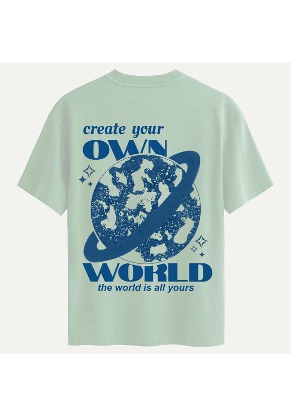 Unisex Bisiklet Yaka %100 Organik Pamuklu Kalın Dokulu Own World Baskılı Oversize T-shirt - BEJ - Image 1