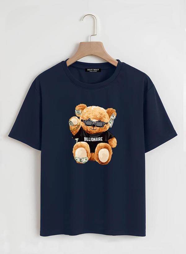 Unisex Oversize Bisiklet Yaka Billionaire Baskılı Basic T-Shirt - LACİVERT - Image 1