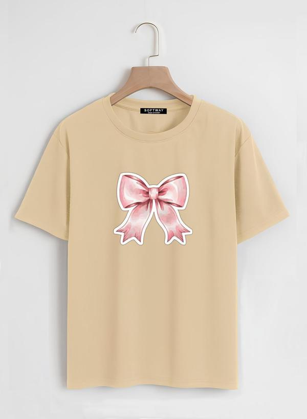 Unisex Oversize Bisiklet Yaka Powder Pink Ribbon Baskılı Basic T-Shirt - BEJ - Image 1