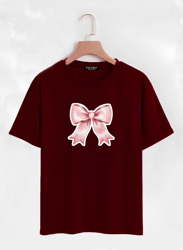 Unisex Oversize Bisiklet Yaka Powder Pink Ribbon Baskılı Basic T-Shirt - BORDO - Image 1