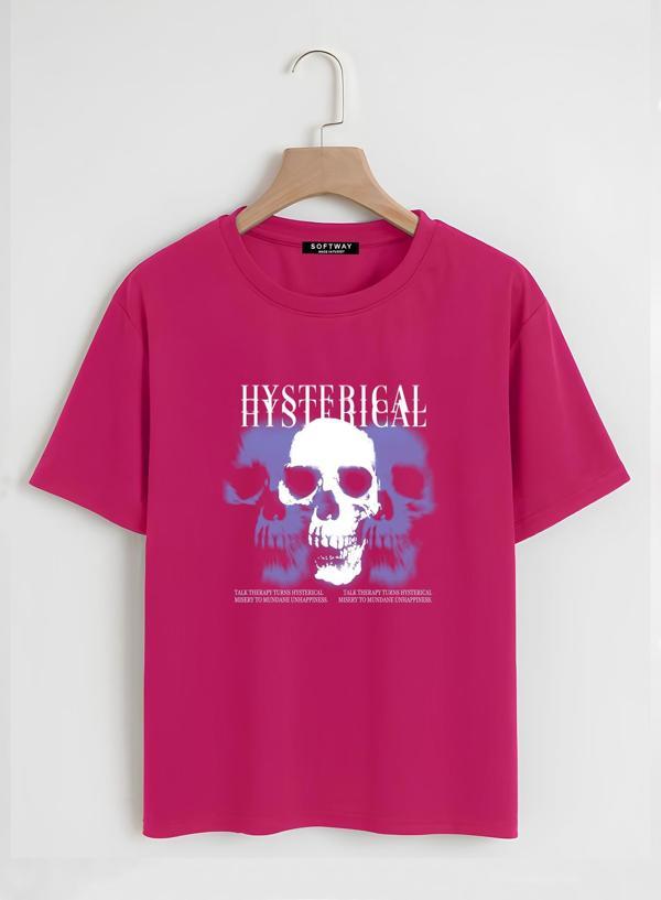 Unisex Oversize Bisiklet Yaka Hysterigal Baskılı Basic T-Shirt - FUŞYA - Image 1