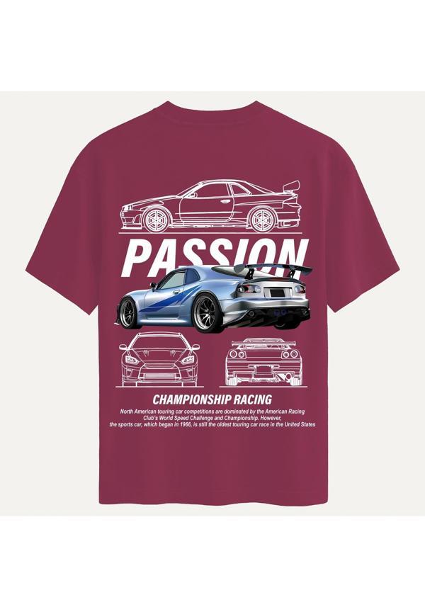 Unisex Bisiklet Yaka %100 Organik Pamuklu Kalın Dokulu Passion Baskılı Oversize T-shirt - BORDO - Image 1