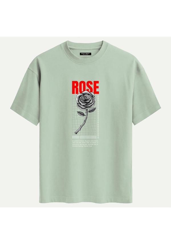 Unisex Bisiklet Yaka %100 Organik Pamuklu Kalın Dokulu Rose Baskılı Oversize T-shirt - BEJ - Image 1
