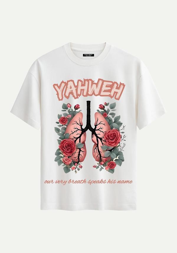 Unisex Bisiklet Yaka %100 Organik Pamuklu Kalın Dokulu YAHWEH Baskılı Oversize T-shirt - EKRU - Image 1