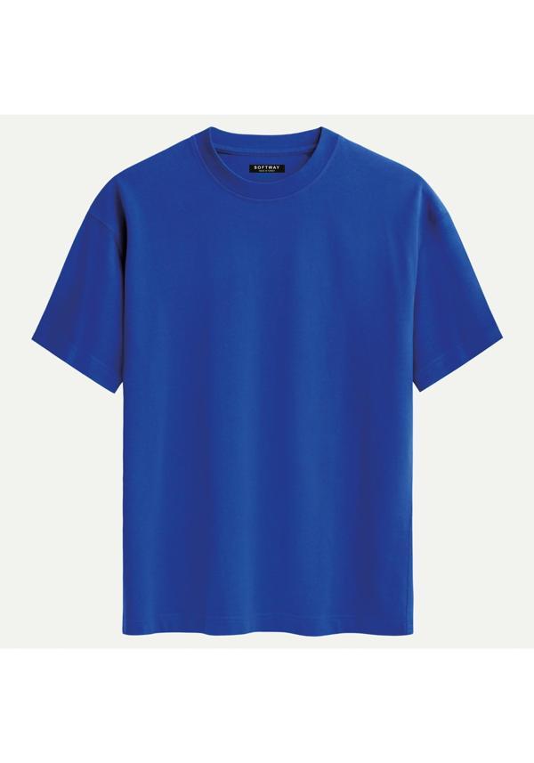 Unisex Bisiklet Yaka %100 Organik Pamuklu Kalın Dokulu Düz Oversize T-shirt - SAKS MAVİSİ - Image 1