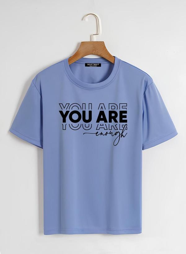 Unisex Oversize Bisiklet Yaka You Are Baskılı Basic T-Shirt - MAVİ - Image 1