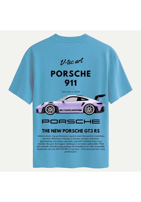 Unisex Bisiklet Yaka %100 Organik Pamuklu Kalın Dokulu Porsche 911 Baskılı Oversize T-shirt - MAVİ - Image 1