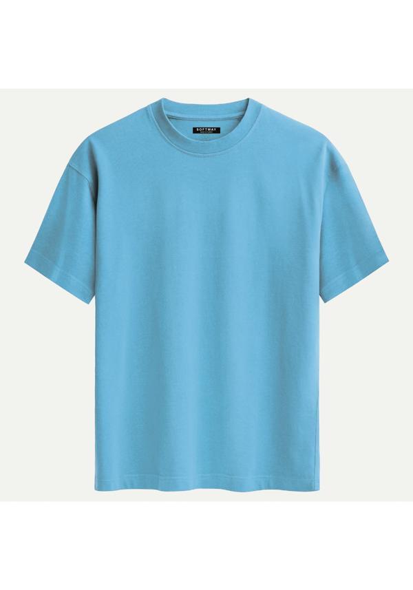 Unisex Bisiklet Yaka %100 Organik Pamuklu Kalın Dokulu Düz Oversize T-shirt - MAVİ - Image 1