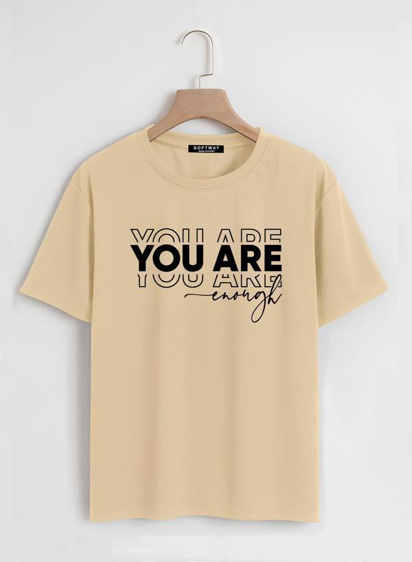 Unisex Oversize Bisiklet Yaka You Are Baskılı Basic T-Shirt - BEJ - Image 1