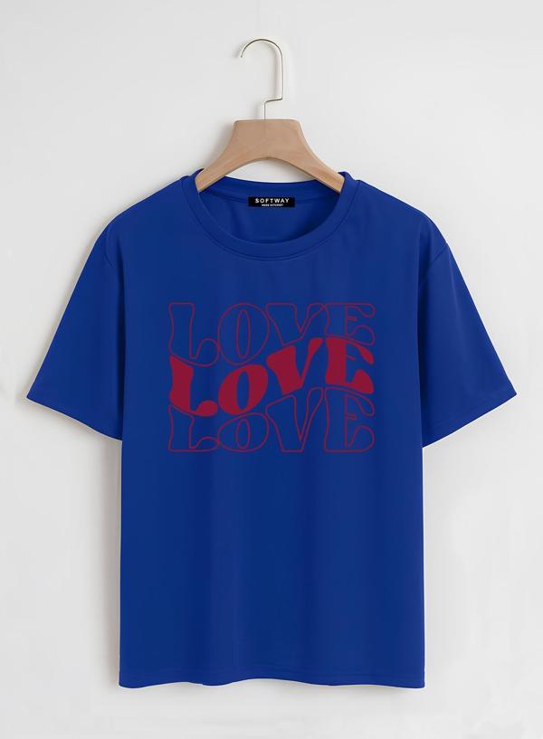 Unisex Oversize Bisiklet Yaka Theree Love Baskılı Basic T-Shirt - SAKS MAVİSİ - Image 1