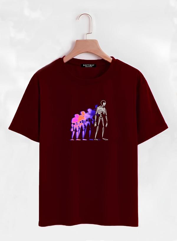 Unisex Oversize Bisiklet Yaka Colorful Skeleton Baskılı Basic T-Shirt - BORDO - Image 1