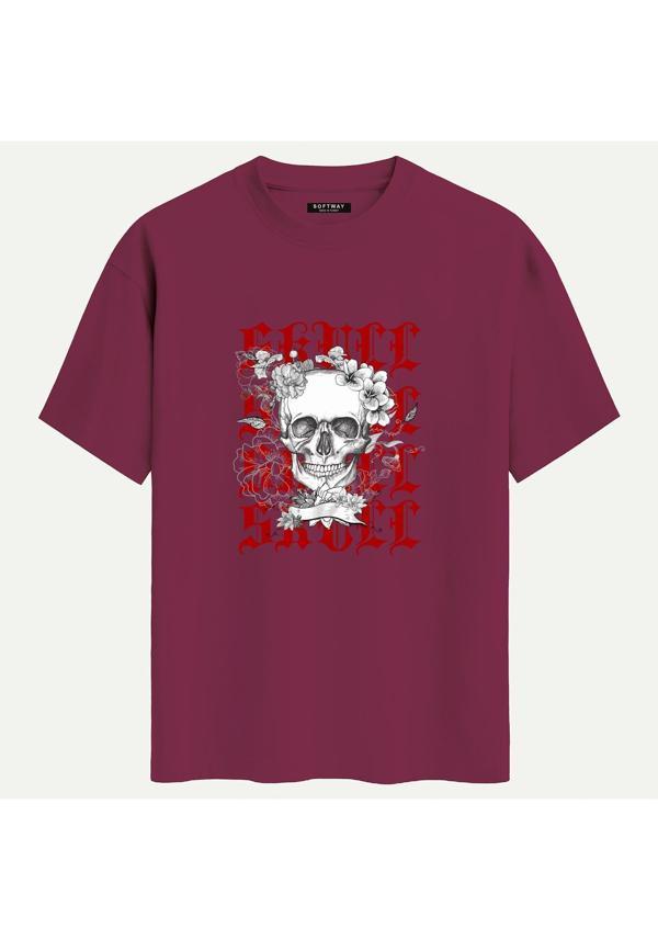 Unisex Bisiklet Yaka %100 Organik Pamuklu Kalın Dokulu Skull Baskılı Oversize T-shirt - BORDO - Image 1