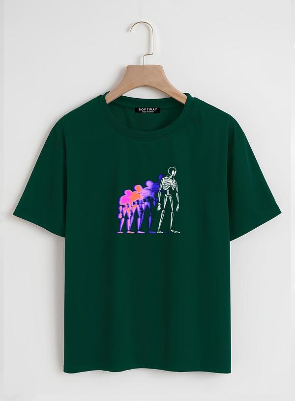 Unisex Oversize Bisiklet Yaka Colorful Skeleton Baskılı Basic T-Shirt - KOYU YEŞİL - Image 1