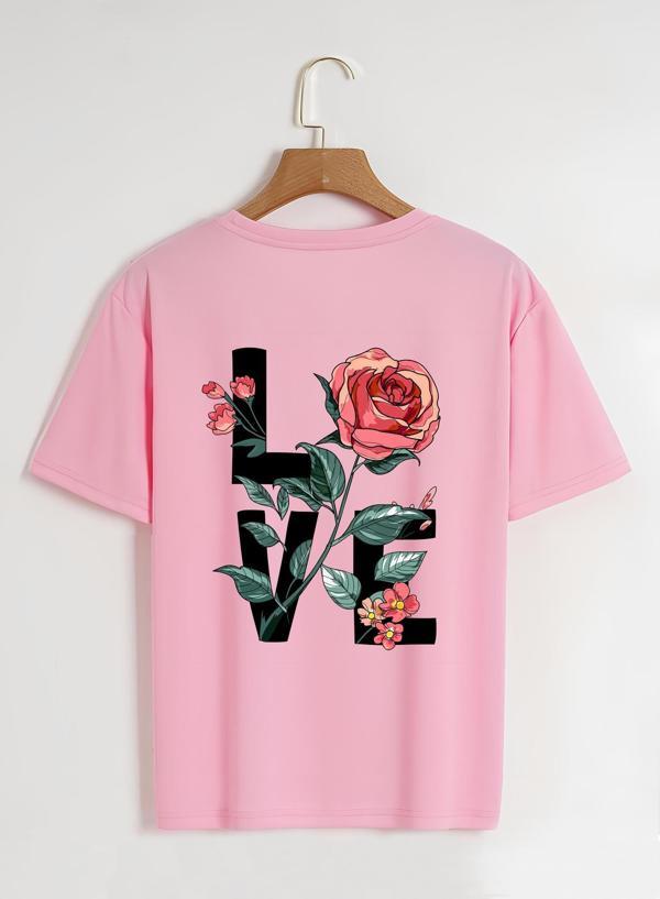 Unisex Oversize Bisiklet Yaka Rose Love Baskılı Basic T-Shirt - PEMBE - Image 1