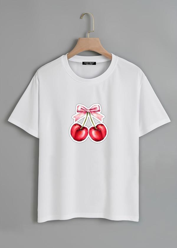 Unisex Oversize Bisiklet Yaka Ribbon Cherry Baskılı Basic T-Shirt - BEYAZ - Image 1