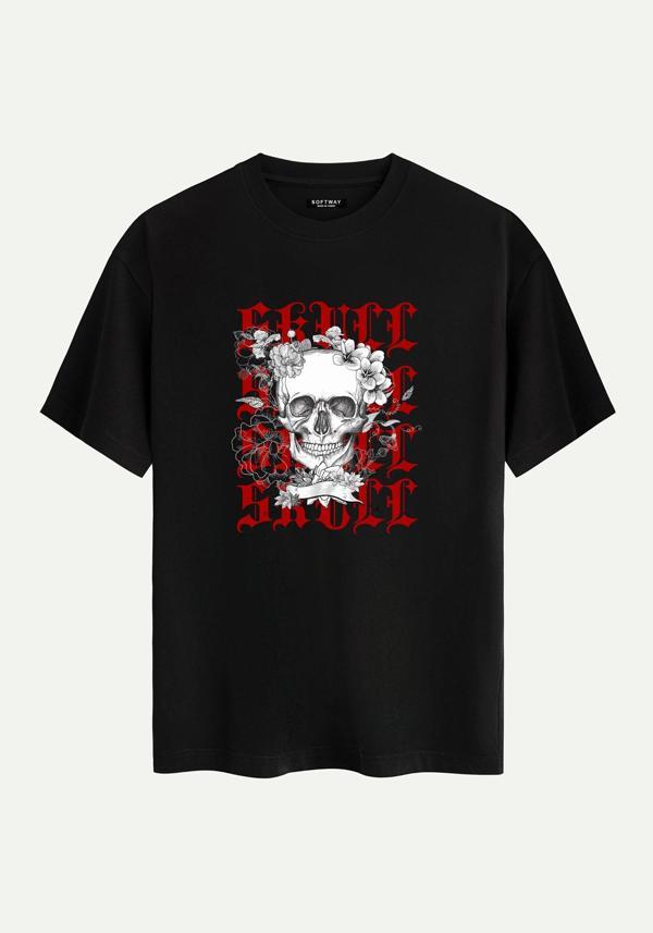 Unisex Bisiklet Yaka %100 Organik Pamuklu Kalın Dokulu Skull Baskılı Oversize T-shirt - SİYAH - Image 1