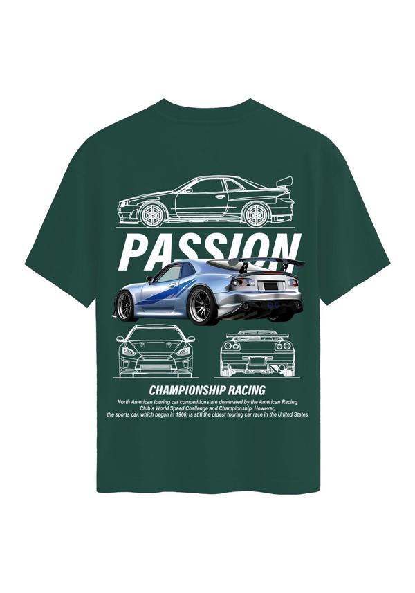 Unisex Bisiklet Yaka %100 Organik Pamuklu Kalın Dokulu Passion Baskılı Oversize T-shirt - KOYU YEŞİL - Image 1