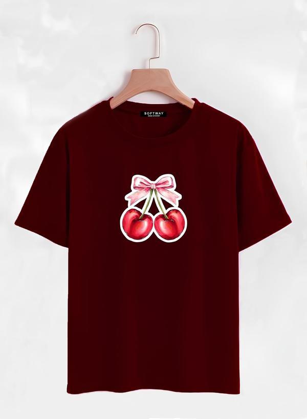 Unisex Oversize Bisiklet Yaka Ribbon Cherry Baskılı Basic T-Shirt - BORDO - Image 1