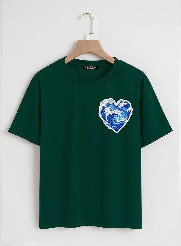 Unisex Oversize Bisiklet Yaka Ocean Heart Baskılı Basic T-Shirt - KOYU YEŞİL - Image 1