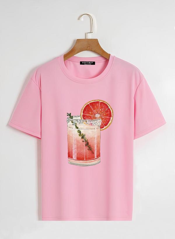 Unisex Oversize Bisiklet Yaka Orange Cocktail Baskılı Basic T-Shirt - PEMBE - Image 1