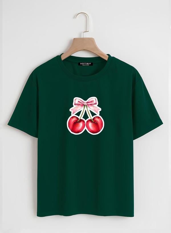 Unisex Oversize Bisiklet Yaka Ribbon Cherry Baskılı Basic T-Shirt - KOYU YEŞİL - Image 1