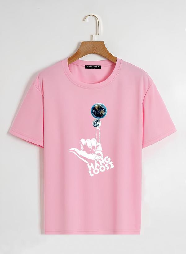 Unisex Oversize Bisiklet Yaka Hang Loose Baskılı Basic T-Shirt - PEMBE - Image 1
