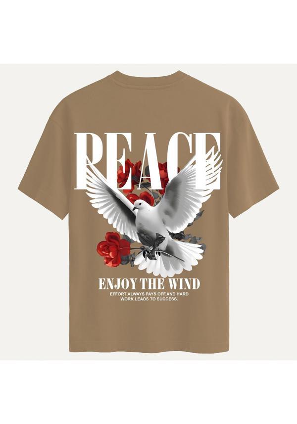 Unisex Bisiklet Yaka %100 Organik Pamuklu Kalın Dokulu Peace Baskılı Oversize T-shirt - AÇIK KAHVERENGİ - Image 1