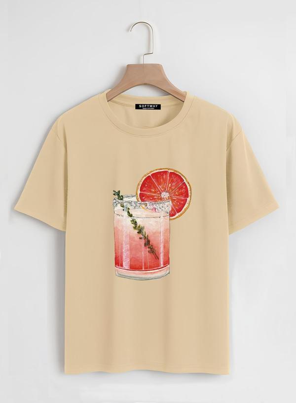 Unisex Oversize Bisiklet Yaka Orange Cocktail Baskılı Basic T-Shirt - BEJ - Image 1