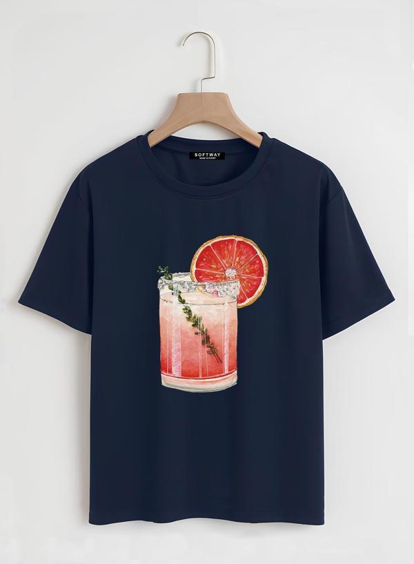 Unisex Oversize Bisiklet Yaka Orange Cocktail Baskılı Basic T-Shirt - LACİVERT - Image 1