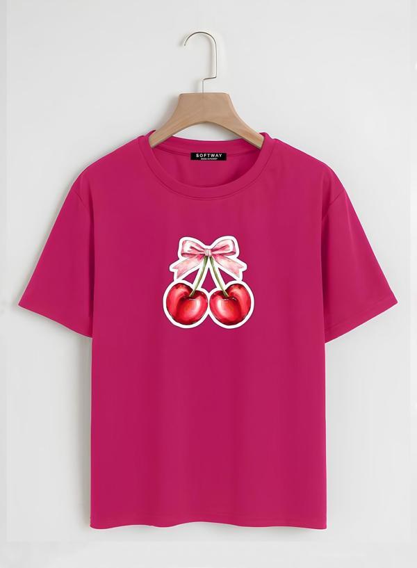 Unisex Oversize Bisiklet Yaka Ribbon Cherry Baskılı Basic T-Shirt - FUŞYA - Image 1