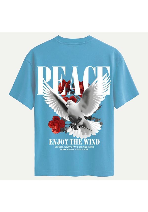 Unisex Bisiklet Yaka %100 Organik Pamuklu Kalın Dokulu Peace Baskılı Oversize T-shirt - MAVİ - Image 1