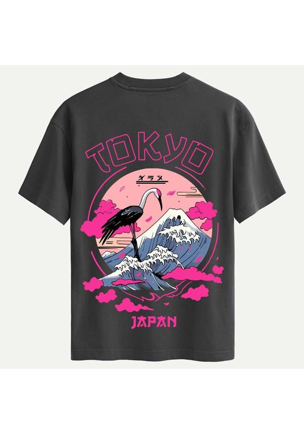 Unisex Bisiklet Yaka %100 Organik Pamuklu Kalın Dokulu Tokyo Baskılı Oversize T-shirt - FÜME - Image 1