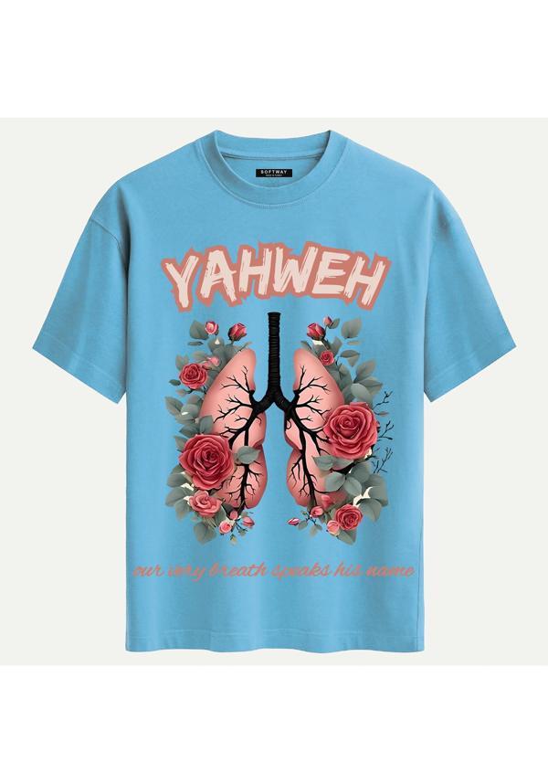 Unisex Bisiklet Yaka %100 Organik Pamuklu Kalın Dokulu YAHWEH Baskılı Oversize T-shirt - MAVİ - Image 1