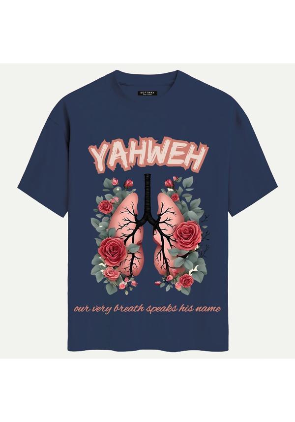 Unisex Bisiklet Yaka %100 Organik Pamuklu Kalın Dokulu YAHWEH Baskılı Oversize T-shirt - LACİVERT - Image 1