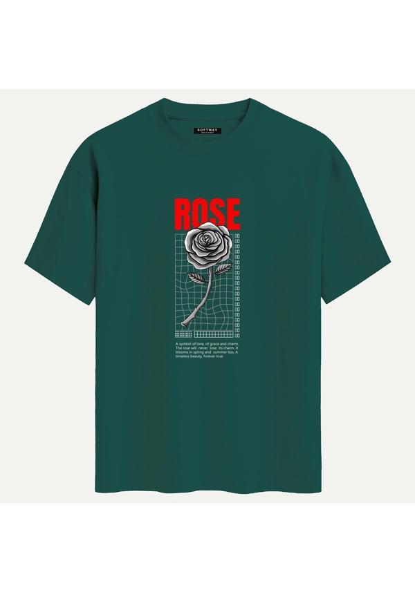 Unisex Bisiklet Yaka %100 Organik Pamuklu Kalın Dokulu Rose Baskılı Oversize T-shirt - KOYU YEŞİL - Image 1