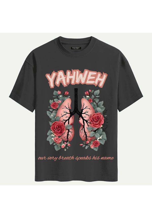 Unisex Bisiklet Yaka %100 Organik Pamuklu Kalın Dokulu YAHWEH Baskılı Oversize T-shirt - FÜME - Image 1
