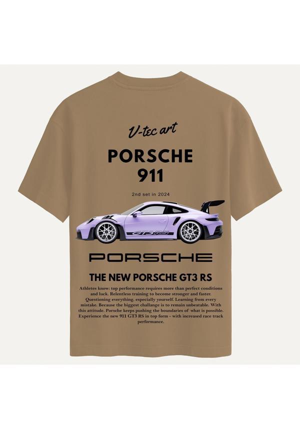 Unisex Bisiklet Yaka %100 Organik Pamuklu Kalın Dokulu Porsche 911 Baskılı Oversize T-shirt - AÇIK KAHVERENGİ - Image 1