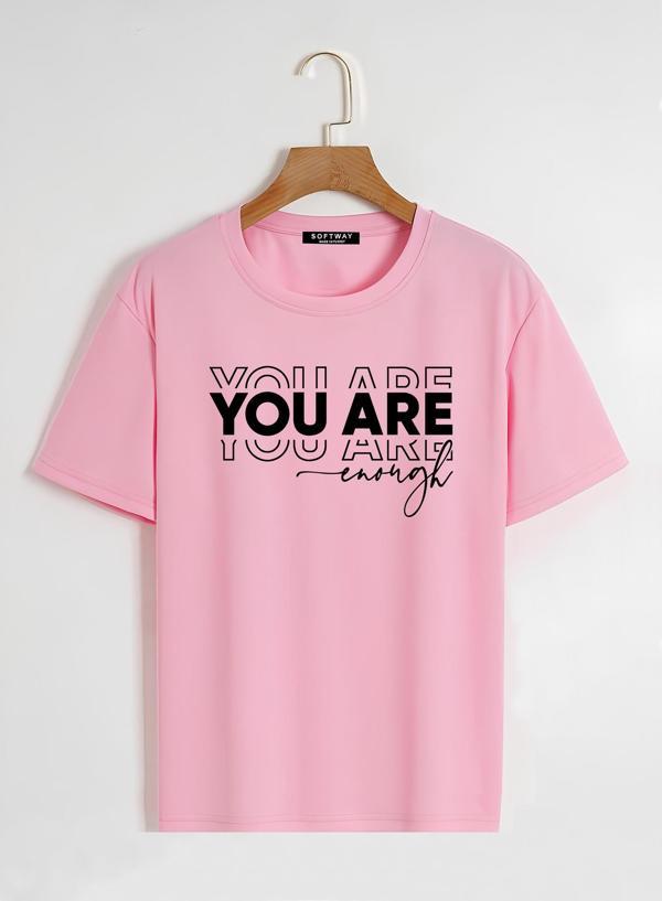 Unisex Oversize Bisiklet Yaka You Are Baskılı Basic T-Shirt - PEMBE - Image 1