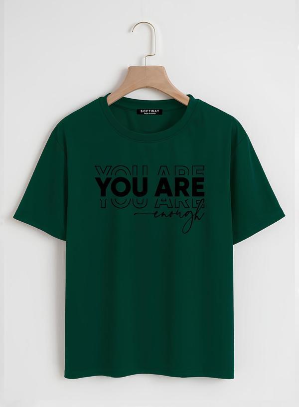 Unisex Oversize Bisiklet Yaka You Are Baskılı Basic T-Shirt - KOYU YEŞİL - Image 1